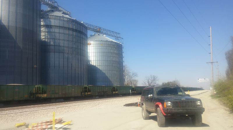 The Jeep sits along a railroad in Elkhart, Indiana.